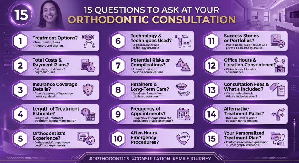 15 Questions to Ask at Your Orthodontic Consultation generate image in purple thme'
